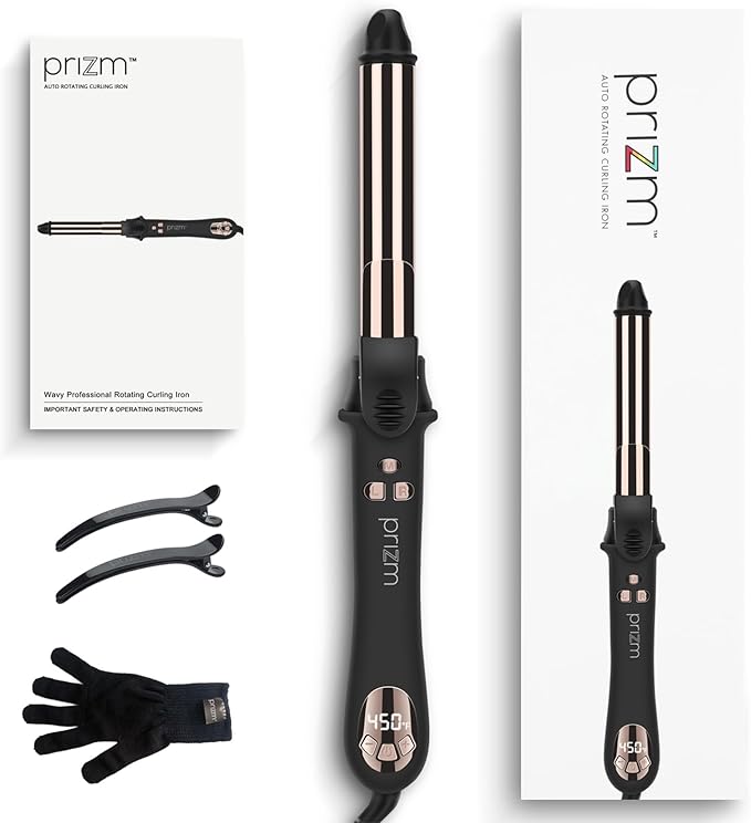 Prizm Rotating Curling Iron, 1inch/25mm Automatic Hair Curler for Long Hair, Self Spinning Barrel, 250-450°F with LCD Display, Auto-Shut Off & Dual Voltage, Black