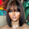 Bob Wig Human Hair with Bangs Glueless 2.5x1 HD Lace Colsure Wigs Human, Bob Wig with Brown Highlights, Wear to Go Short Wigs For Women Beginner Friendly 12 Inch