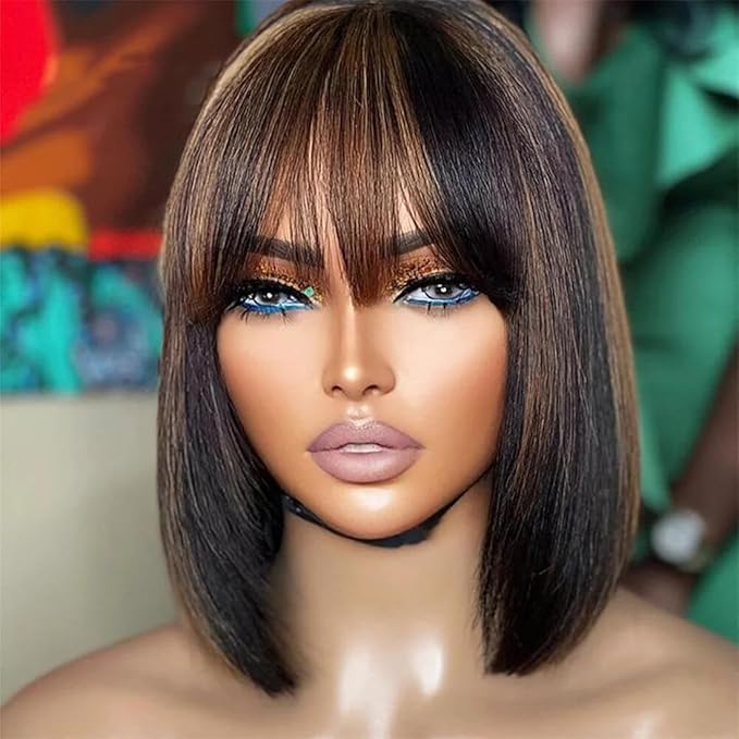 Bob Wig Human Hair with Bangs Glueless 2.5x1 HD Lace Colsure Wigs Human, Bob Wig with Brown Highlights, Wear to Go Short Wigs For Women Beginner Friendly 12 Inch