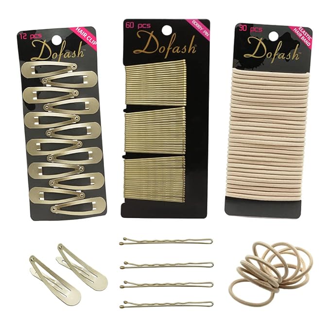Dofash Hair Clip Set, 102 Counts Set Braided Hair Clips For Women (Bobby Pins 60pcs + Hyper Elastics Ties 30pcs + Snap Hair Clips 12PCS - Blonde)