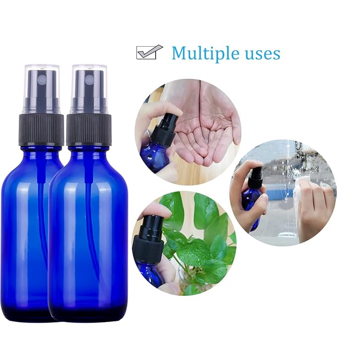 2oz Blue Glass Spray Bottles,Empty Small Perfume Travel Refillable Reusable Fine Mister Spray Bottle for Hair,Cleaning Solutions,Aromatherapy and Essential Oil with Extra Nozzle(2 Pack)