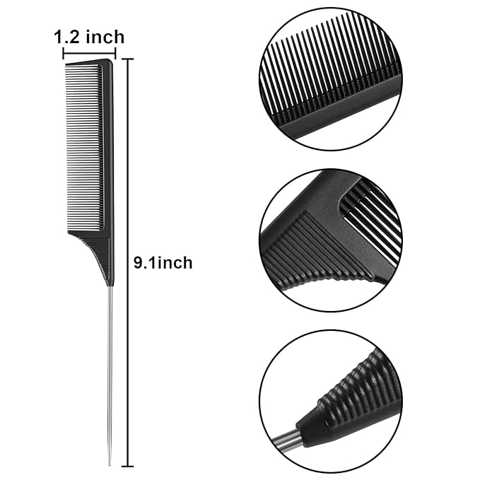 Leinuosen 3 Packs Rat Tail Comb Steel Pin Rat Tail Carbon Fiber Heat Resistant Teasing Combs with Stainless Steel Pintail (Black)