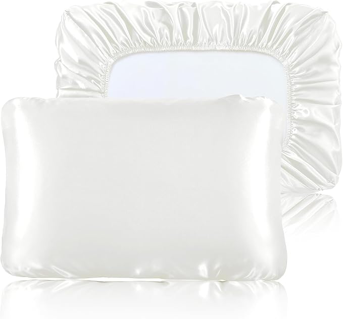 SiinvdaBZX Ivory White Satin Pillowcase Standard/Queen Size Set of 2, Silky Travel Elastic Band Satin Pillow Case for Hair and Skin, Soft Portable & Fit for Various Pillow