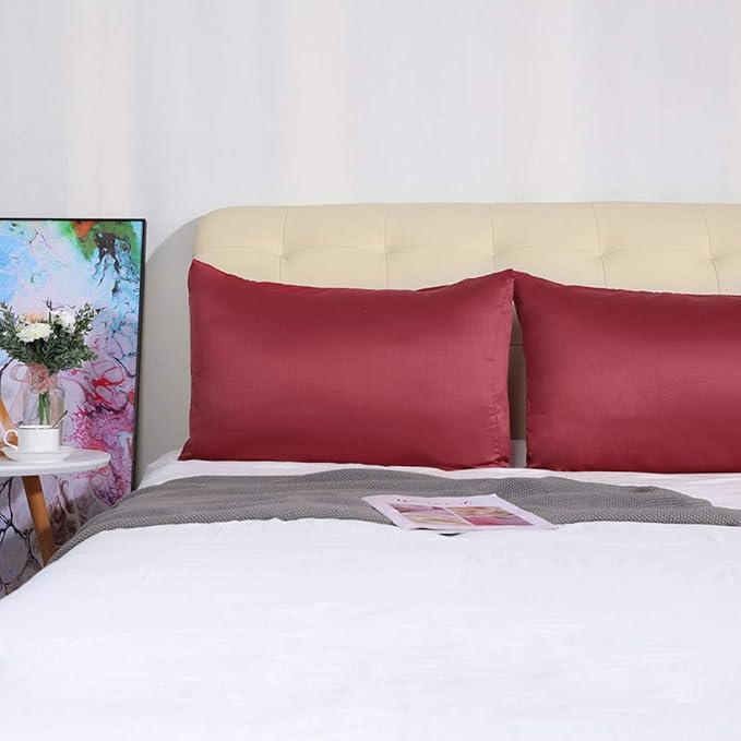 uxcell 2 Pack Silk Satin Pillowcase for Hair and Skin, Cool, Silky, Soft Breathable Pillow Cases Standard Size 20x26 Inch Sateen Pillowcase Burgundy with Envelope Closure