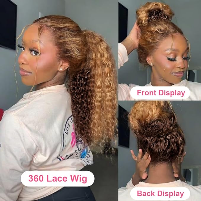 Drawstring Wig Human Hair Honey Blonde 360 Lace Front Wigs Human Hair Invisi Strap Ombre Deep Wave Lace Front Wigs 360 HD Full Lace Frontal Glueless Wigs Hidden Strap Ombre Deep Curly Wig