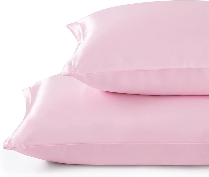 Pink Satin Pillowcase Standard Set of 2 with Envelope Closure，Pink Silk Pillowcase for Hair and Skin (20x26)