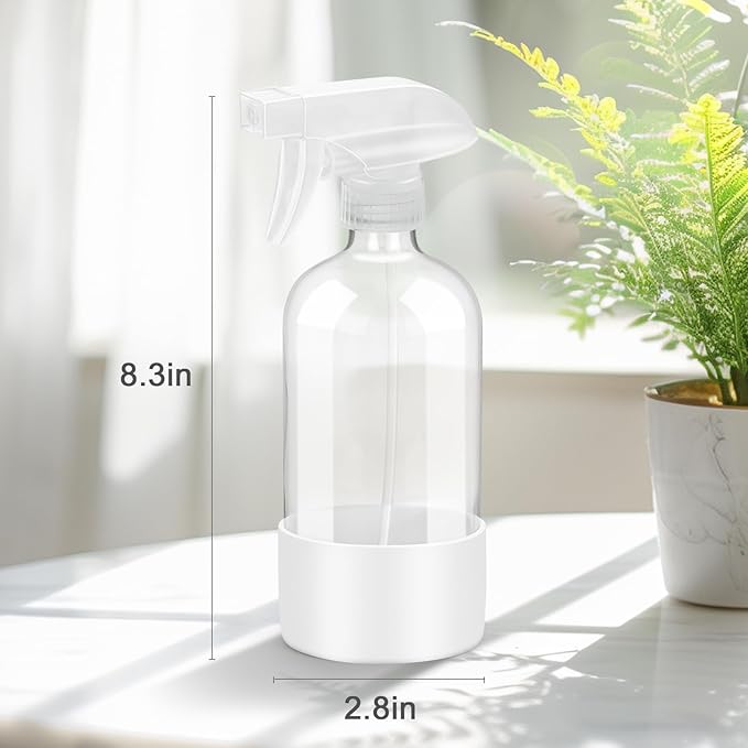 2 Pack Glass Spray Bottles with Silicone Sleeve, 16 oz Empty Refillable Containers with Adjustable Spray Nozzles, Spray Bottles for Hair, Cleaning Solutions and Plants White