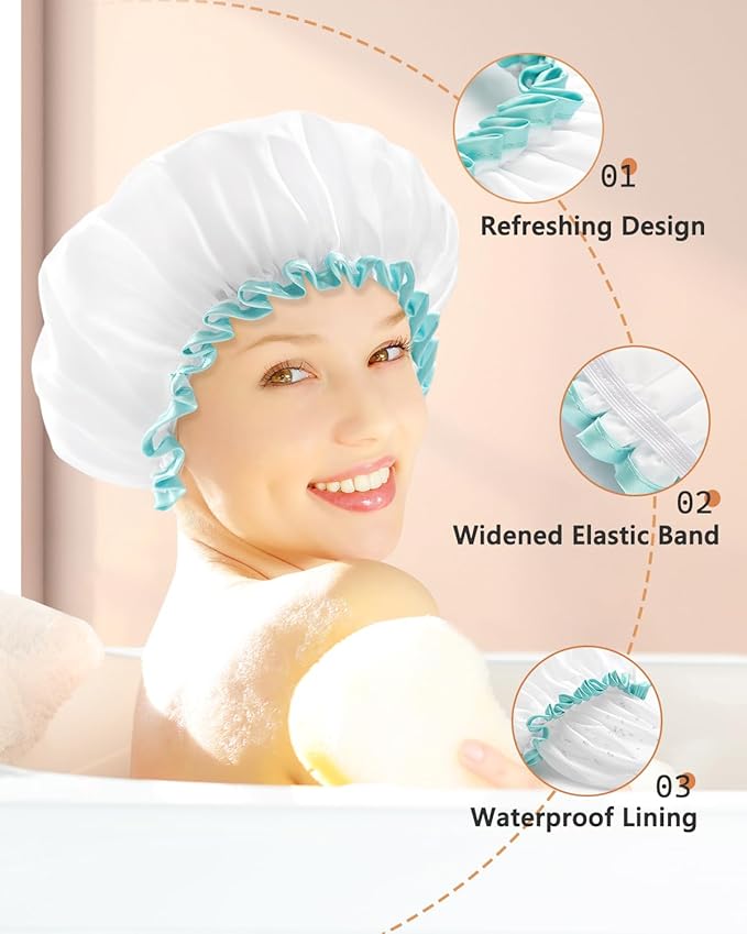 mikimini White Shower Caps for Women Long Hair,2 Pack,Large Size,Reusable,Waterproof Washable Hair Caps for Women and Girls, Super Cute and Extra Large