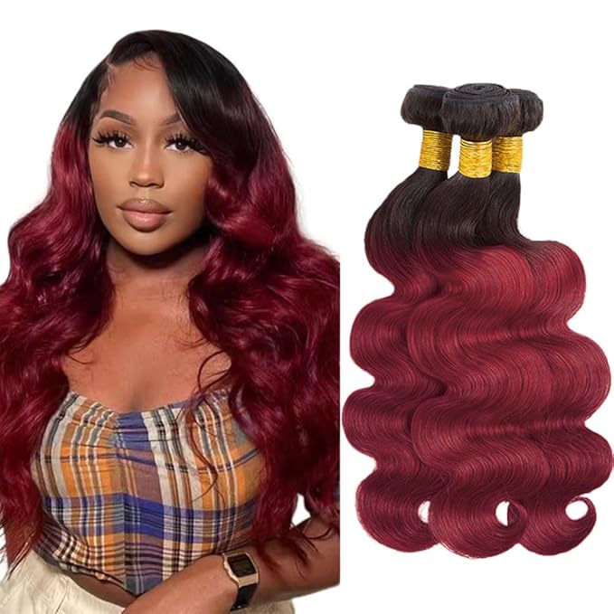 Ombre Human Hair Bundles 1B99J Body Wave Bundle Niegmeag Brazilian Virgin Remy Hair 3 Bundles 16 18 20 Inch 2 Tone Black and Burgundy Bundle 150g