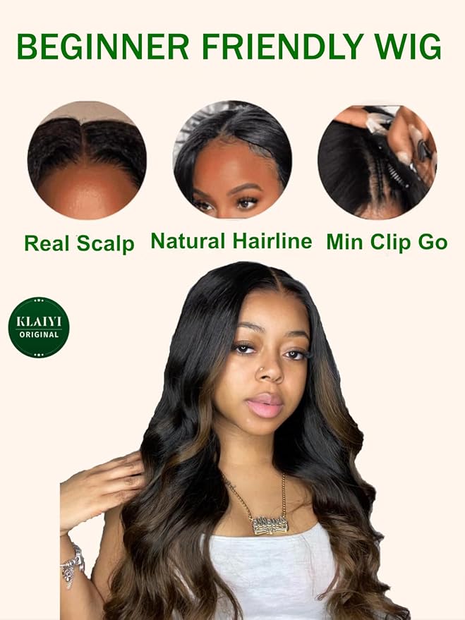 KLAIYI Ombre Brown V Part Wig Body Wave Human Hair Upgrade U Part Wig with Dark Roots Glueless Chestnut Brown Clip in Half Wig No Glue No Leave Out Beginner Wigs for Women Wear and Go Wig 150% 24Inch