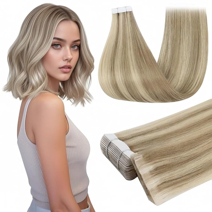 Full Shine Injection Tape in Hair Extensions Human Hair 14 Inch Color 16 Golden Blonde Highlight 22 Medium Blonde 40 Grams Seamless Invisible Brazilian Tape in Hair Extensions for Wedding 20 Pcs