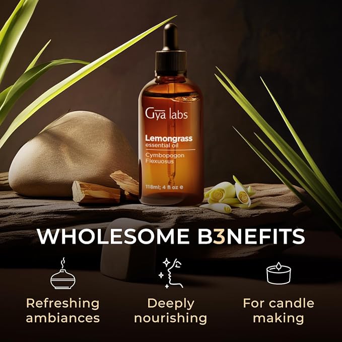 Gya Labs Lemongrass Essential Oil - 4 Fl Oz - for Hair, Skin, Diffuser, Aromatherapy & DIY Candle Making Scent