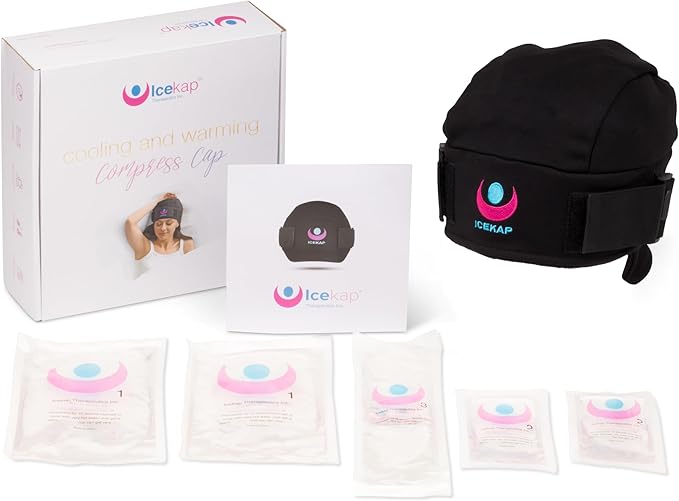 Cold Cap for Migraine Relief & Chemo, Longer Lasting Cold Swappable Gel Packs, Adjustable Compression, Class 1 Medical Device for Scalp, Concussion Relief, Chemo. Fitted Sizes, Machine Washable