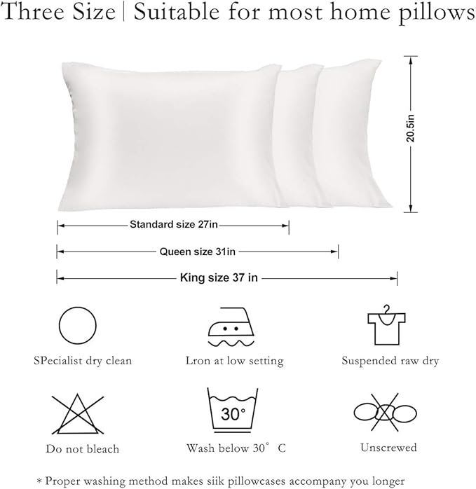 Silk Pillowcase for Hair and Skin 2 Pack 100% Mulberry Silk Bed Pillowcase Hypoallergenic Soft Breathable Both Sides Silk Pillow Case with Hidden Zipper, Standard Size Pillow Cases (White)