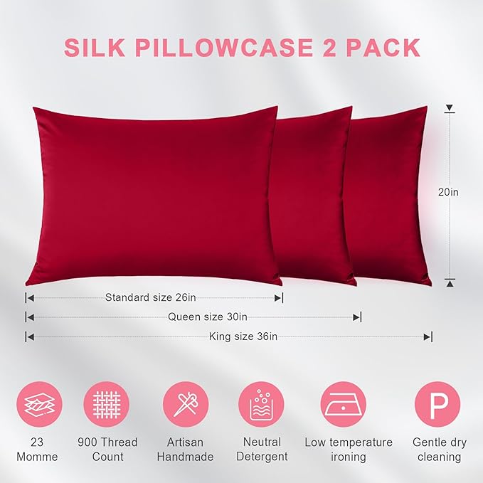100% Silk Pillowcase 2 Pack for Hair and Skin, Both Sides 23 Momme Grade 6A+ Mulberry Silk Pillowcases with Hidden Zipper, Soft&Smooth Cooling Pillow Cases (Red, King 20×36)