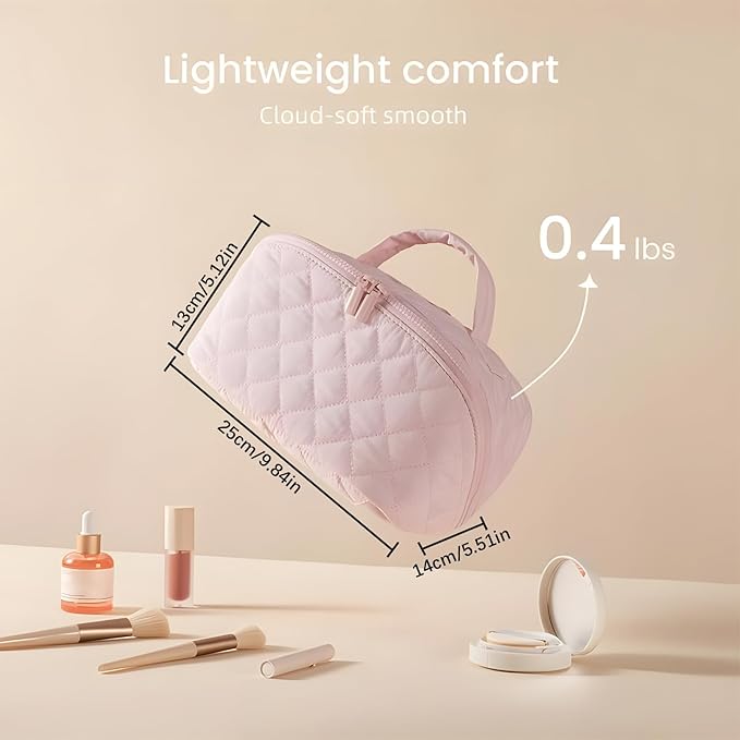 Amposei Makeup Bag Travel Toiletry Bag,Travel Makeup Bag for Women, Puffer Waterproof Cosmetic Organizer, Large Capacity Pouch Open Flat Small Toiletry Bag with Brush Compartment & Handle (White)