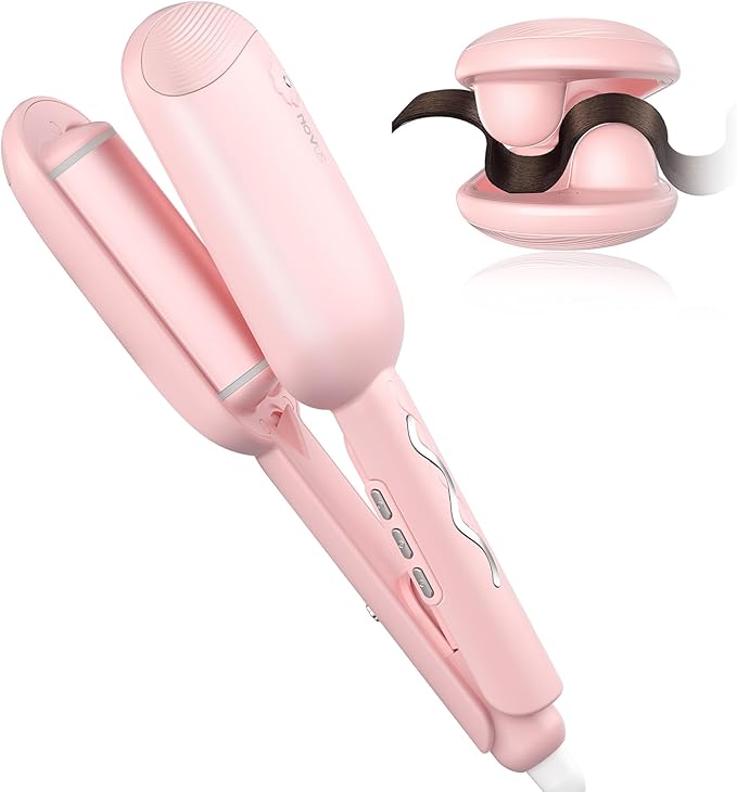 NOVUS 1.25 Inch Curling Iron,Hair Crimper- Beach Wave Hair Waver with Anti-Scald & Negative Ion Technology, Hair Crimper Ceramic Barrel for Tangle-Free Waves on All Hair Types, Pink