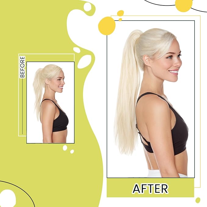 RUNATURE Ponytail Extension Human Hair, Real Hair Ponytail Extension with Magic Paste, Straight Blonde Hair, Tangle Free for Daily Wearing, 14 Inch 70g #800 Platinum Blonde