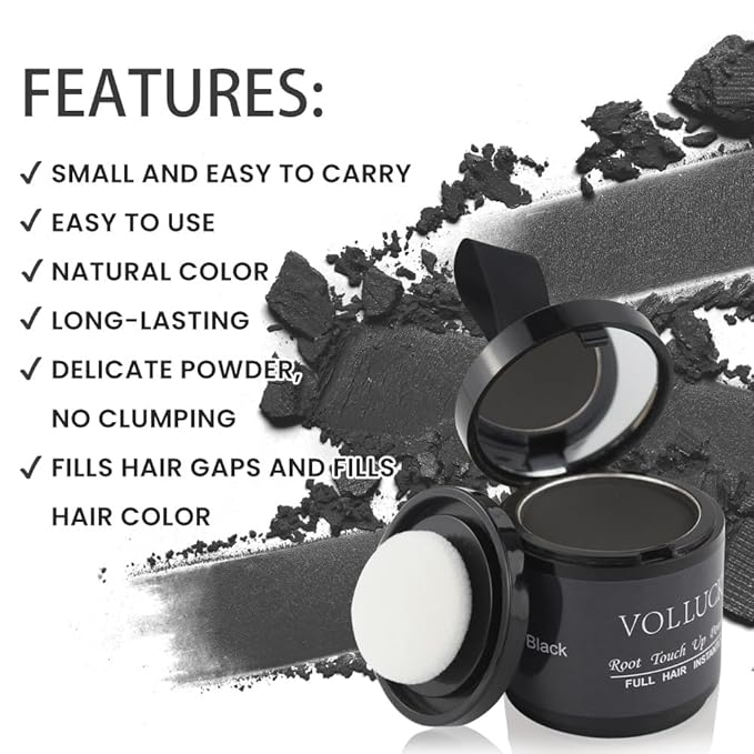 VOLLUCK Root Touch up Powder, Instant Hairline Powder for Thinning Areas and Gray Hair Coverage, Natural and Non-greasy Root Cover up for Women and Men (Black, 0.35 Ounce)