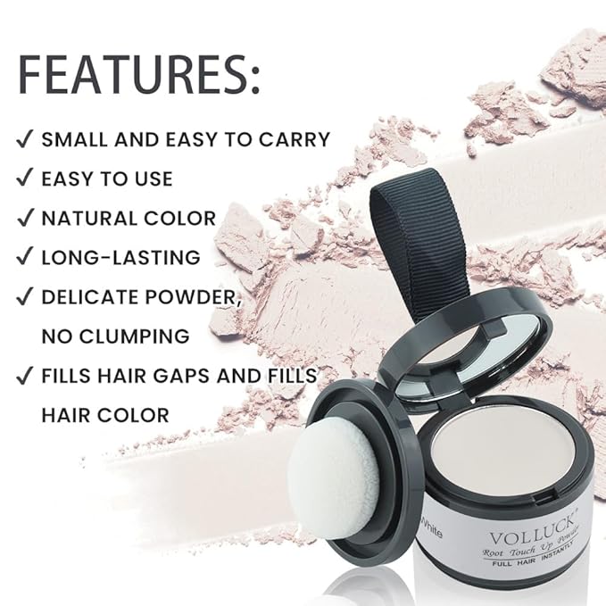 VOLLUCK Root Touch up Powder, Instant Hairline Powder for Thinning Areas and Gray Hair Coverage, Natural and Non-greasy Root Cover up for Women and Men (White, 0.14 Ounce)