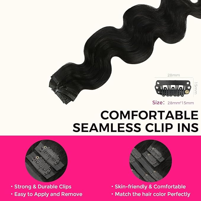 Lashey Seamless Clip in Hair Extensions Human Hair 9pcs 130g Body Wave 16 Inch Natural Black Clip in Hair Extensions for Women