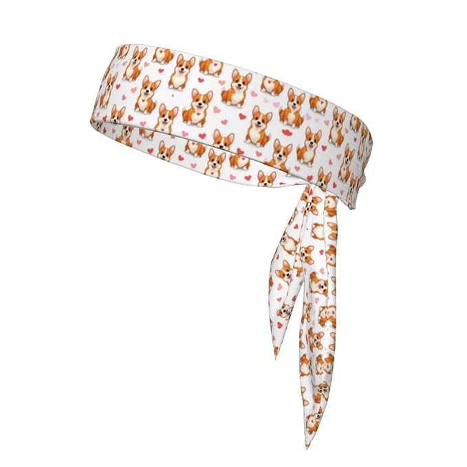 Men Women Beauty Skinny Sports Sweatbands Head Accessories for Running Fitness Shower, Long Multi Style Puppy Welsh Corgi And Heart Cute Funny Dog Head Ribbon Headwear