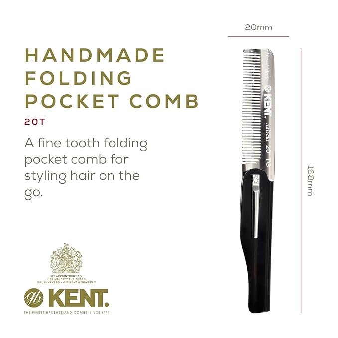 Kent 20T Handmade Folding Pocket Comb for Men, Fine Tooth Hair Comb Straightener for Everyday Grooming Styling Hair, Beard or Mustache, Use Dry or with Balms, Saw Cut Hand Polished, Made in England