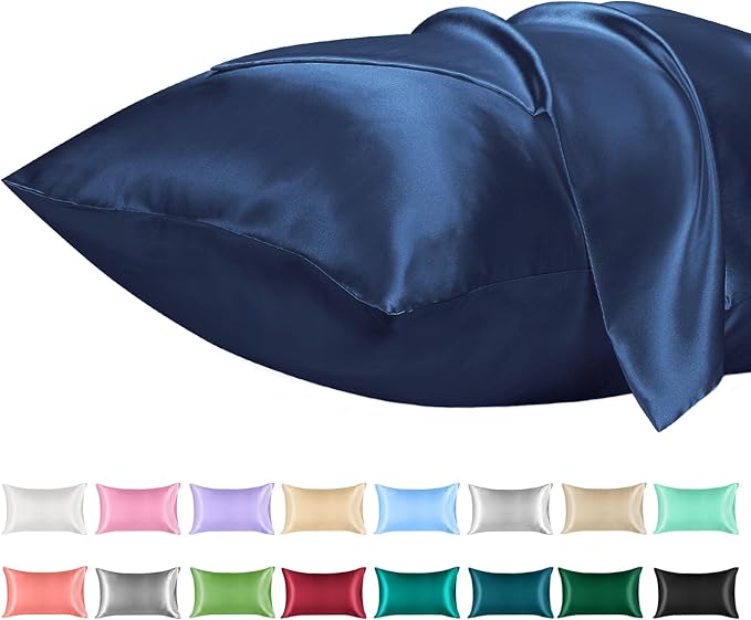 Lirex Satin Pillowcase 2-Pack, King Size Satin Pillowcase Soft Solid Color Microfiber Satin Pillowcase, Envelope Closure Wrinkle Free Fade Resistant Breathable, Navy Blue
