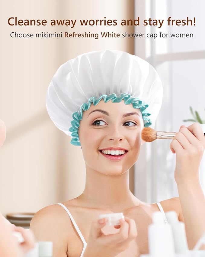 mikimini White Shower Cap for Women and Girls 2 Pack,Double Waterproof, Reusable,Washable, Super Cute and Soft,Comfortable