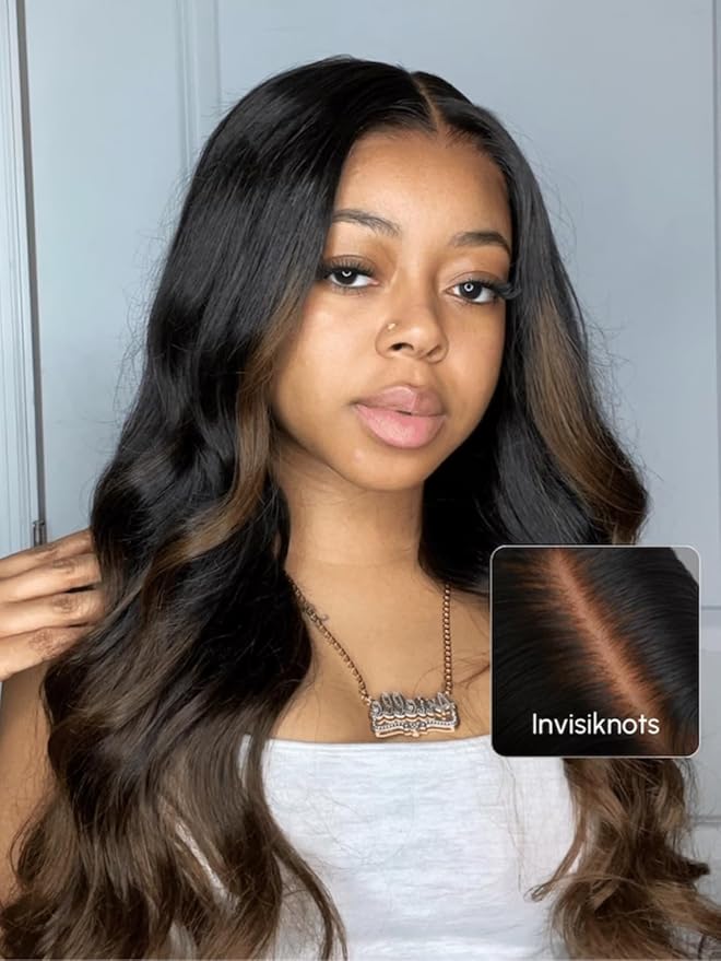 YIROO Ombre Chestnut Brown Bye Bye Knots Wig Loose Wave 7x5 Lace Front Glueless Wig Human Hair Pre Plucked Pre Cut Put on and Go Ready to Wear Wig Pre Bleached 150% Density 24inch