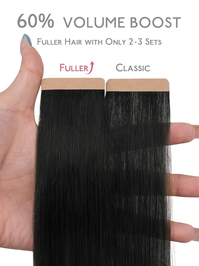 WENNALIFE Fuller Tape in Hair Extensions Human Hair, 18 inch 20pcs 80g Jet Black Remy Hair Straight Tape in Extensions Thicker Skin Weft Tape Ins Extensiones De Cabello Humano