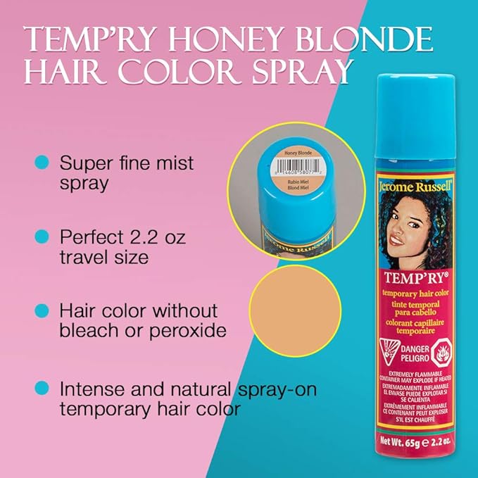 Jerome Russell Temporary Hair Color Spray, Honey Blonde - Intense Spray-On Temporary Hair Color, Fast-Drying, Non-Sticky, Travel Size Hair Dye for Instant Vivid Hair Color, 2.2 oz