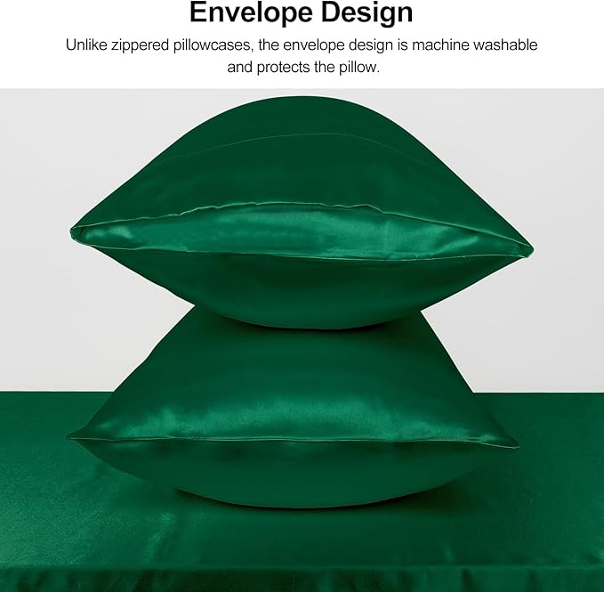 Lirex Satin Pillowcase for Hair and Skin, Super Soft and Cooling Similar to Silk, 2 Pack Standard Size 20"X 26" Pillow Cases with Envelope Closure, Gifts for Women Men, Green