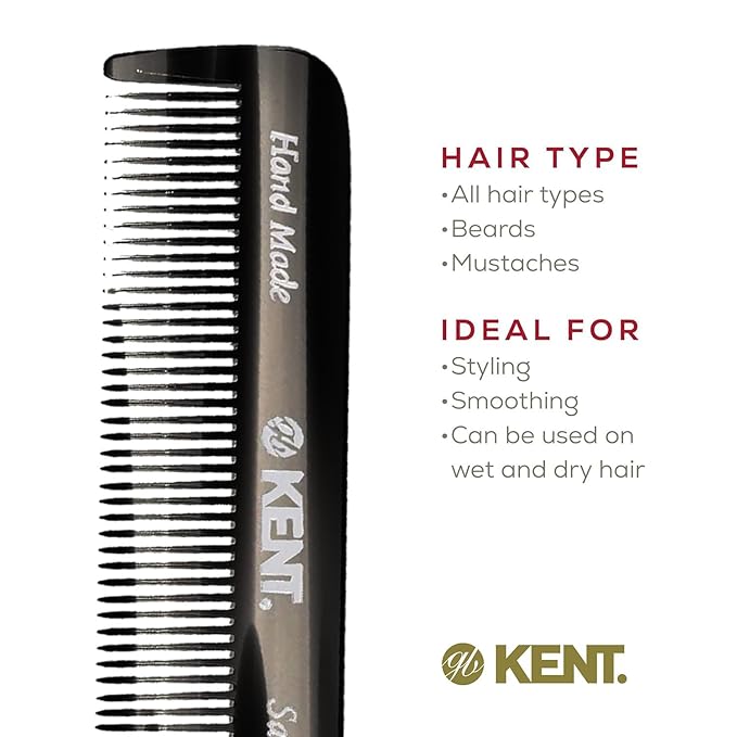 Kent FOT Black Graphite Fine Tooth Beard Comb - 4.5" Handmade Pocket Travel Comb for Men - Styling Combs for Fine or Thinning Hair, Mustache and Beard Care and Hair Care Kent