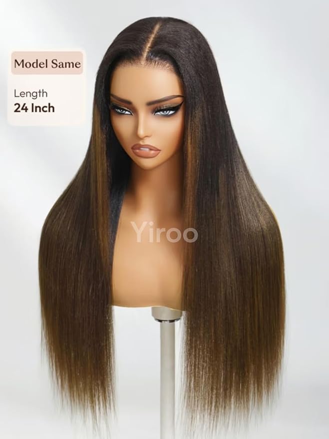 YIROO Chestnut Brown Ombre Yaki Straight 13x4 Pre Everything Frontal Glueless Wig Human Hair Pre Plucked Pre Cut,Bye bye Knots Wear and Go Drawstring Wigs Beginner Friendly 150% Density 22Inch