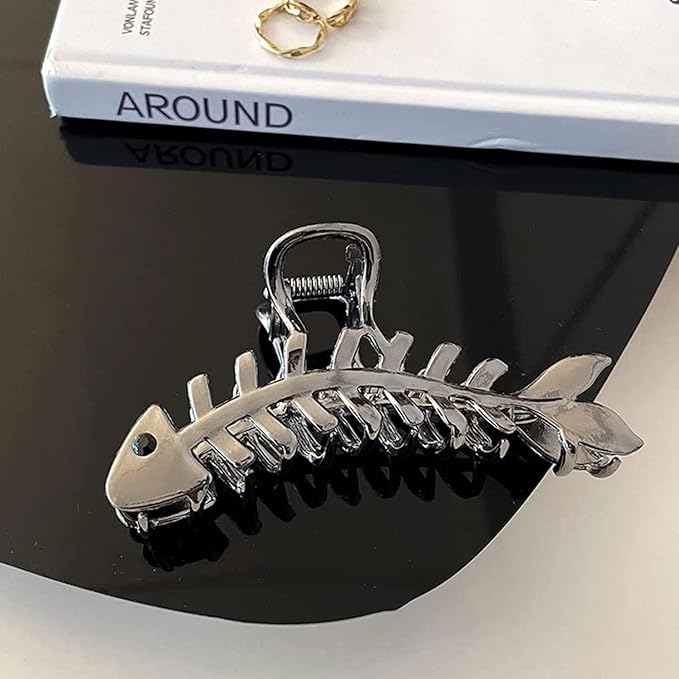 Black Metal Fishbone Hair Clip, 1Pcs - Big Fish Shaped Hair Claw Clips for Women and Girls, Secure Hair Styling and Accessories