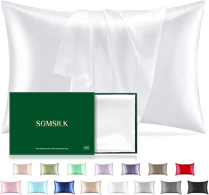 Mulberry Silk Pillowcase for Hair and Skin, SGMSILK 22 Momme Natural Silk Pillow Cases with Zipper, 6A Soft and Smooth Single Sided Pure Silk Pillow Cover (White, King 20"x36")