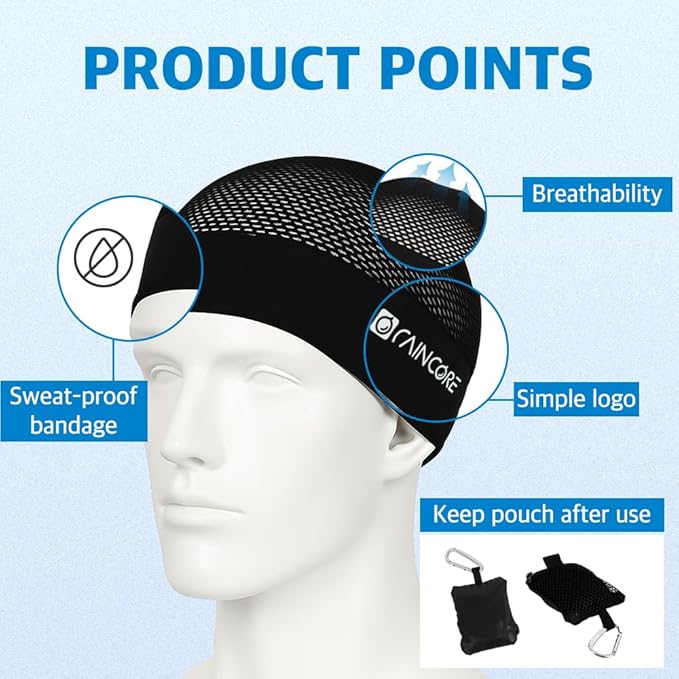 RAINCORE Skull Cap Inner Helmet Liner (with Pouch), Carabiner Clip - Breathable Mesh - Lightweight - Quick Dry - Cycling- Running - Motorcycle - Workout - for Men and Women Cap Black