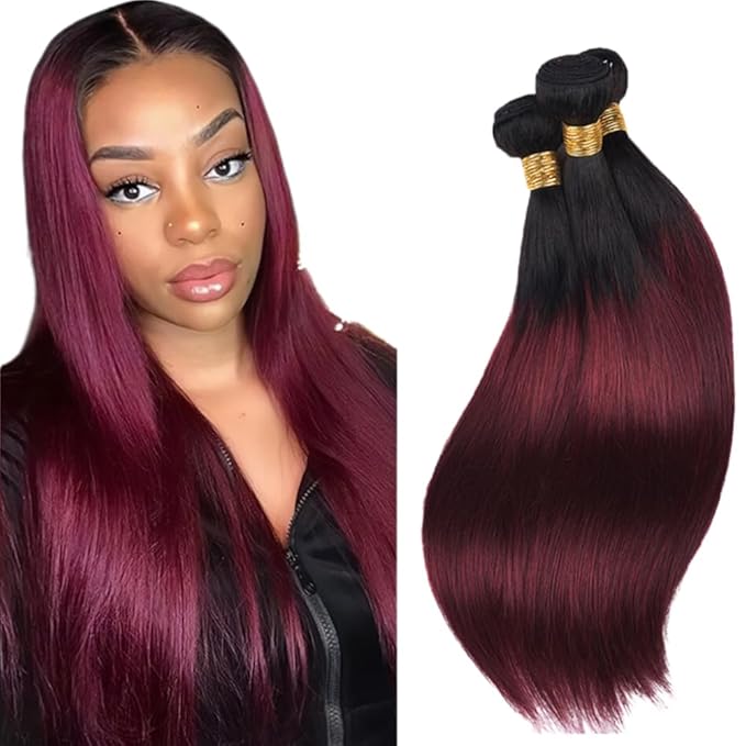 Ombre Human Hair Bundles Burgundy Straight Bundles Peruvian Virgin Remy Hair Extensions 14 16 18 Inch Niegmeag Double Weft 2 Tone Black and Red Straight Bundle Hair Weave 300g