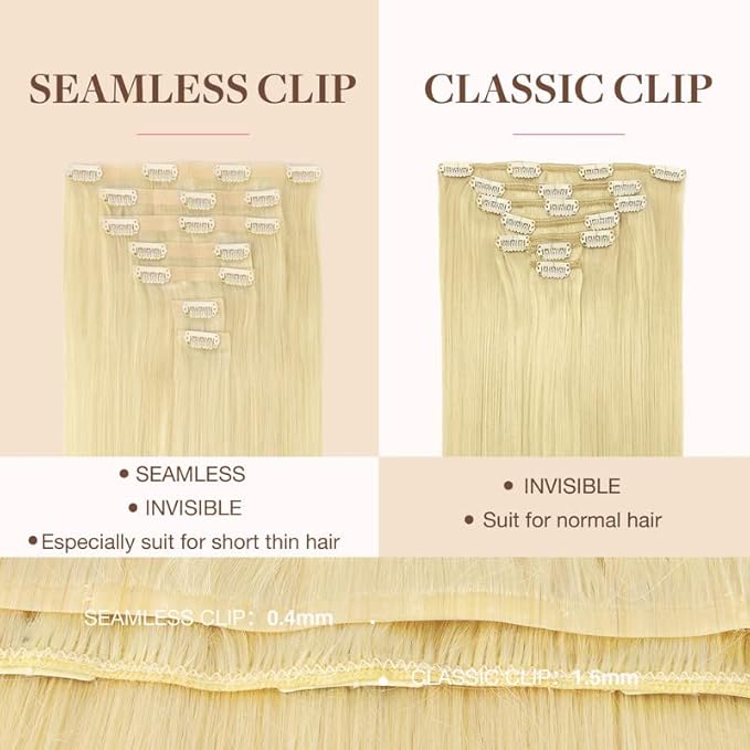 GOO GOO Clip in Hair Extensions Real Human Hair, Remy Human Hair Extensions Clip ins for Women, Natural Human Hair, 14inch 110g 7Pcs, 613R Bleach Blonde