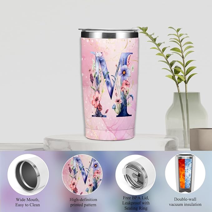 Personalized Gifts Monogrammed Birthday Gifts for Women, Her, Teacher Mother in Law Wedding Christmas Initial 20 oz Tumbler, Makeup Bag Cup Pens Journal Notebook 6 Set, (Aesthetic Pink Flower M)