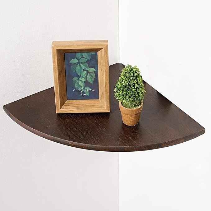 Corner Shelf,12inch Walnut Solid Wood Floating Corner Shelves Wall Mount Round End Floating Speaker Rack with Wire Hole for Small Plant for Bedroom Kitchen