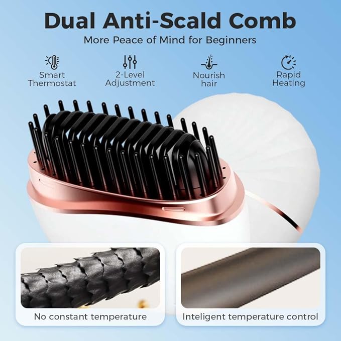 Mini Straightener,Portable Fast Heating Hair Straightener Comb with Mirror,Wireless 2-in-1 Hairs Dressing Combs for Home Travel Gift,Straight Hair Comb with 3 Adjustable Temperatures (White)