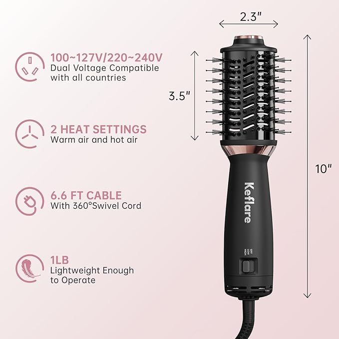 Mini Dual Voltage Hair Dryer Brush, 2-in-1 Hot Air Brush for Travel, One Step Blow Dryer & Styler for Drying, Smoothing and Volumizing Hair