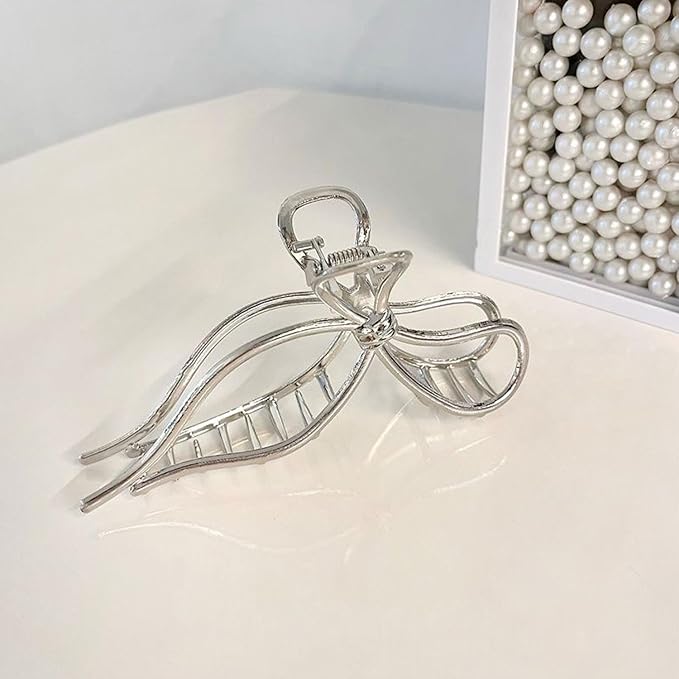 Silvery Bowknot Metal Hair Clips - Elegant Non-Slip Strong Hold Grip Jaw Clips for Thick Hair Accessories