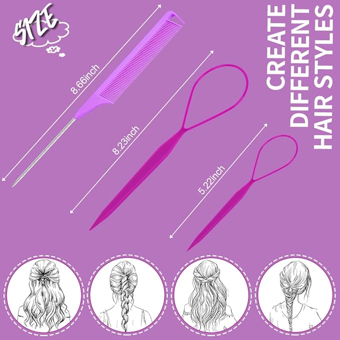 TsMADDTs 3Pack Hair Loop Tool Set with 2PCS French Braid Tool Loop 1PCS Rat Tail Comb Metal Pin Tail Braiding Comb for Hair Styling, Purple