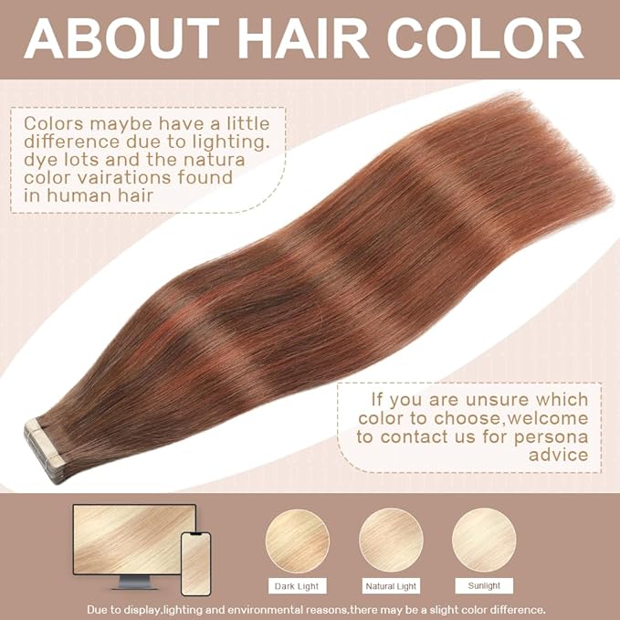 Chocolate Brown to Auburn Brown Tape in Hair Extensions Human Hair,14 Inch Human Hair Tape in Extensions 20Pcs Tape Ins Human Hair Extensions for Women Seamless Tape in Hair Extensions Real Human Hair