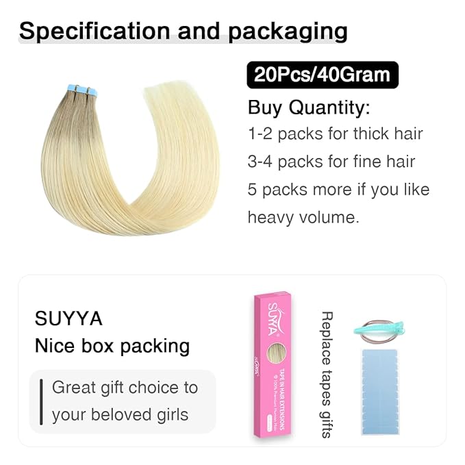 SUYYA Tape in Hair Extensions Human Hair Balayage Ash Blonde to Medium Blonde and Platinum Blonde 40g/pack 20pcs Straight Seamless Skin Weft Tape in Real Human Hair Extensions(14inch #P22/60/T18)