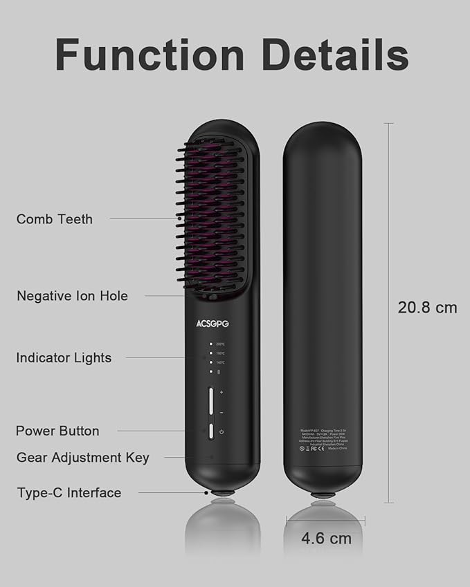 Rechargeable Hair Straightener Brush - 6400mAh Large Capacity Battery - Portable Straightening Brush Comb - Mini Cordless Ionic Straightener for Women - Great for Travel & Home ACSGPG