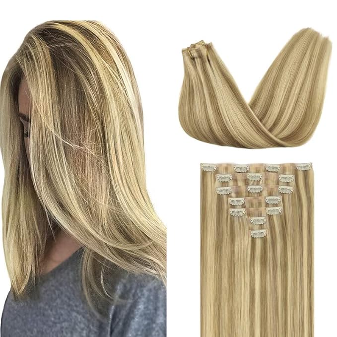 GOO GOO Clip in Hair Extensions Real Human Hair, Remy Human Hair Extensions Clip ins for Women, Natural Human Hair, 16inch 110g 7Pcs, 16/22 Light Blonde Highlighted Golden Blonde